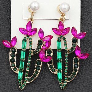Ruby CACTUS Flower Emerald Rhinestone Earrings